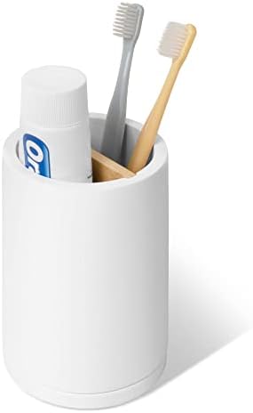 Premium White Plastic Toothbrush Holder with Concrete Base and Bamboo Divider