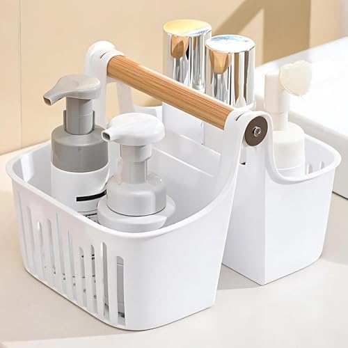 Portable Shower Caddy with Bamboo Handle White
