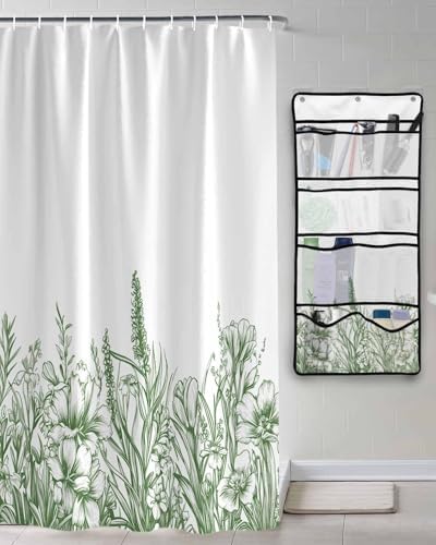 ZFUNCING Shower Curtain Set with Mesh Organizer and Hooks