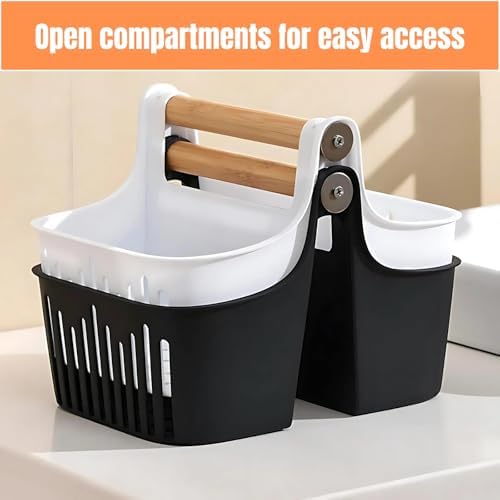 Portable Shower Caddy with Bamboo Handle White