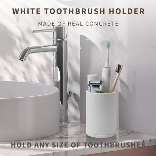 Premium White Plastic Toothbrush Holder with Concrete Base and Bamboo Divider