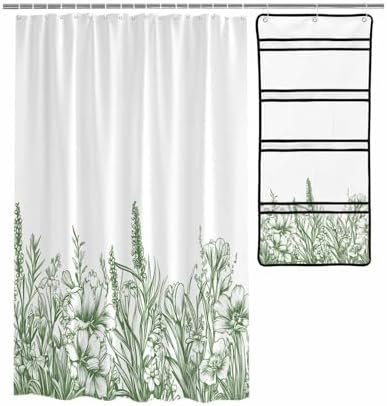 ZFUNCING Shower Curtain Set with Mesh Organizer and Hooks