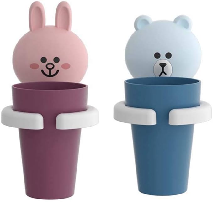 Traceless Suction Wall-Mounted Kids Toothbrush Holder Blue Rabbit Cartoon Brushing Cup