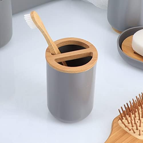 Gray Toothbrush Toothpaste Organizer with Bamboo Top - Chic Bathroom Organizer