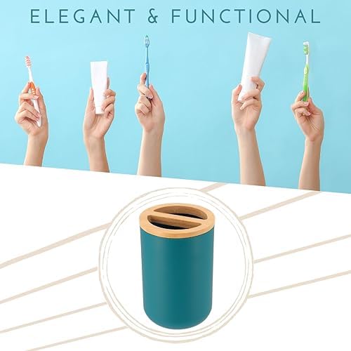 EVIDECO Blue Toothbrush Toothpaste Holder with Bamboo Top - Chic Bathroom Organizer