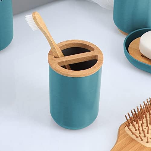 EVIDECO Blue Toothbrush Toothpaste Holder with Bamboo Top - Chic Bathroom Organizer