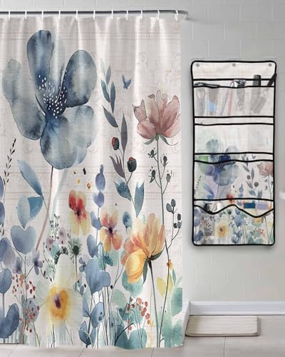 10-Pocket Hanging Shower Organizer with Watercolor Design