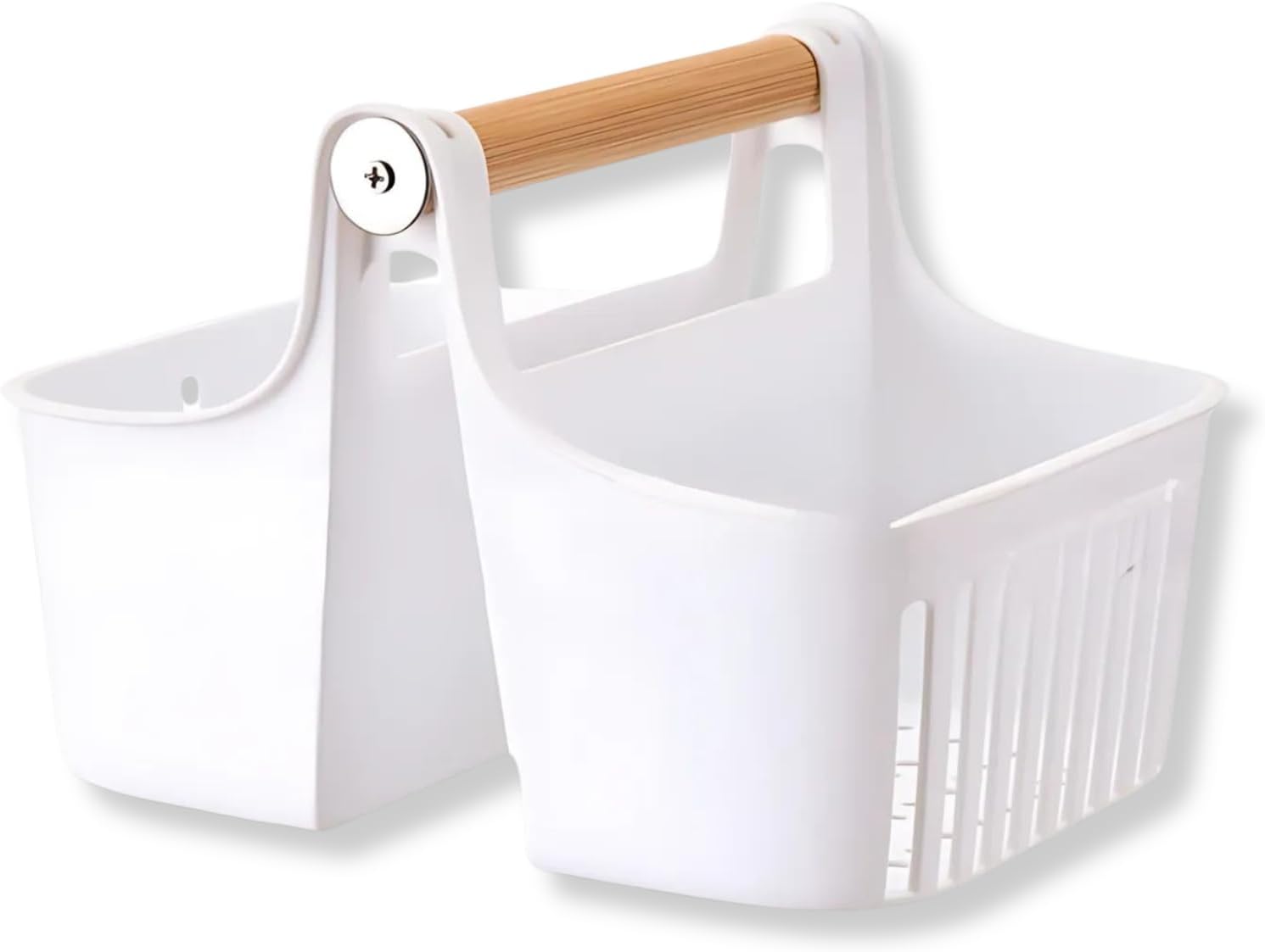 Portable Shower Caddy with Bamboo Handle White