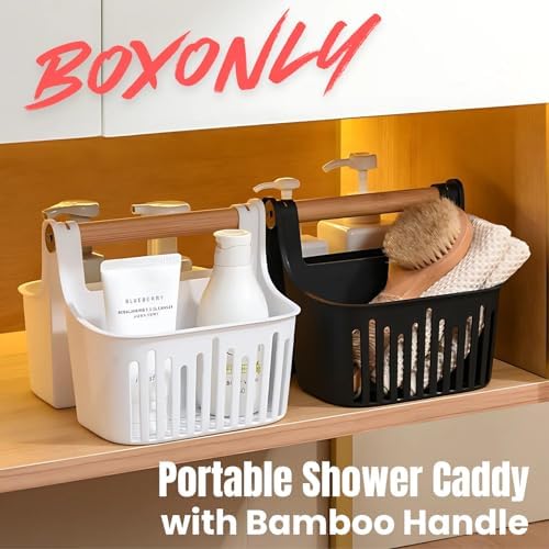 Portable Shower Caddy with Bamboo Handle White