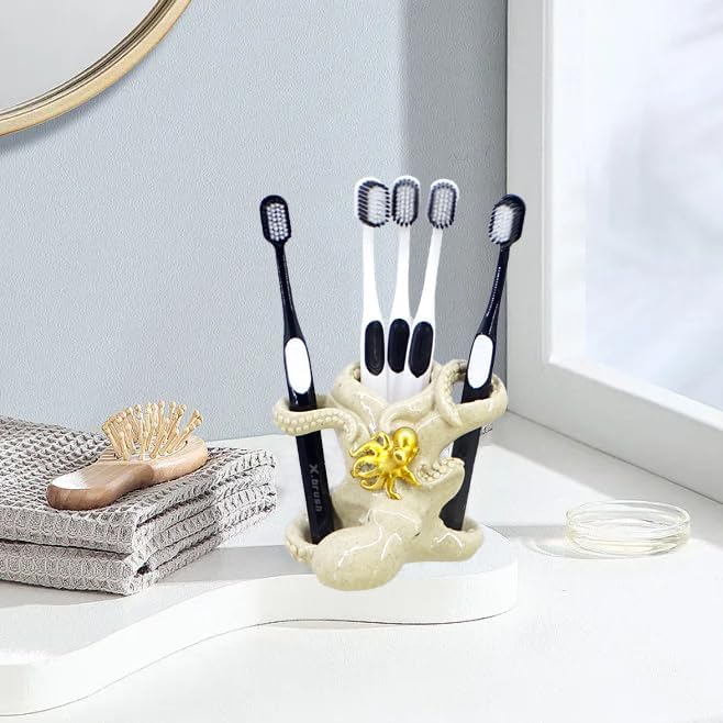 5-inch Gold Octopus Toothbrush Holder - Suction-Cup Bathroom Organizer