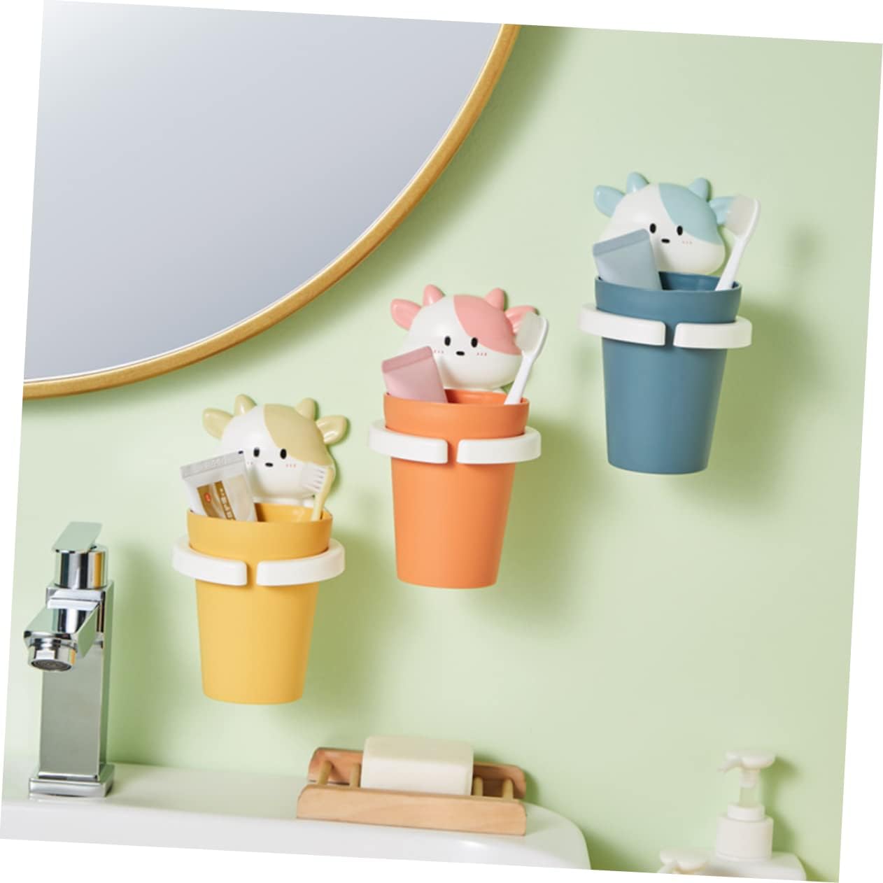 Cartoon Cow Toothbrush Holder for Kids Wall-Mounted
