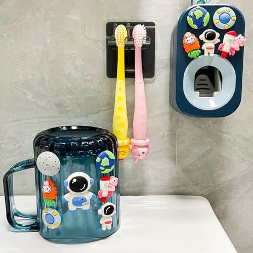Creative kids toothbrush holder set with mouthwash cup cosmonaut-themed bathroom organizer