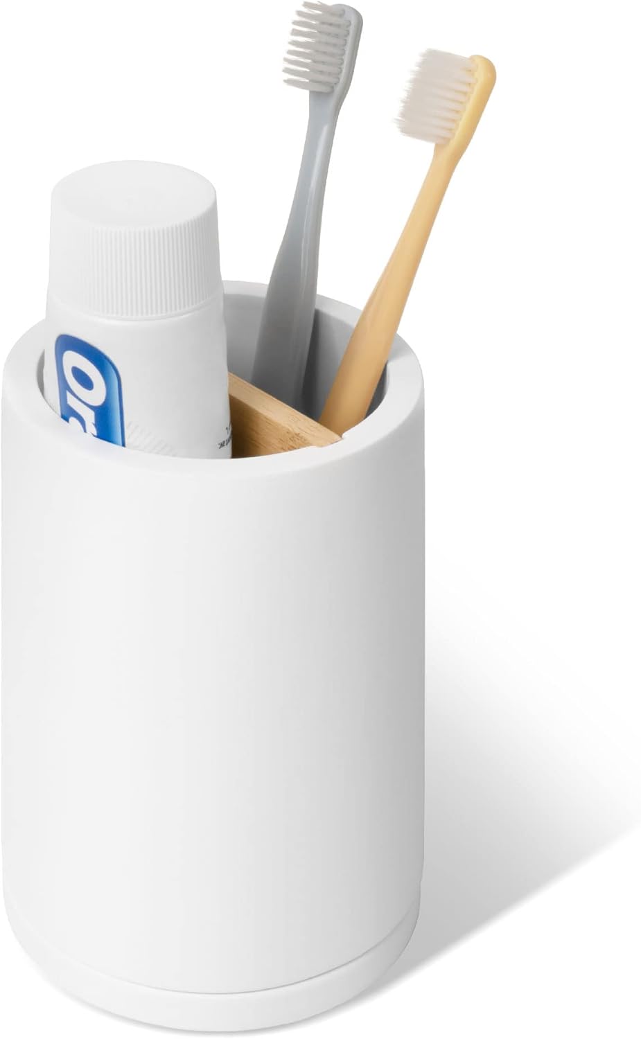 Premium White Plastic Toothbrush Holder with Concrete Base and Bamboo Divider