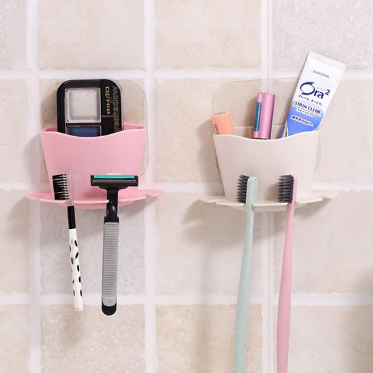 Bathroom Toothbrush Holder with Suction Cup and Storage Cup