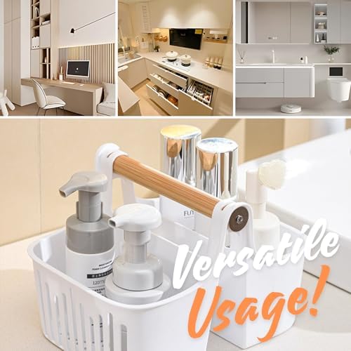 Portable Shower Caddy with Bamboo Handle White