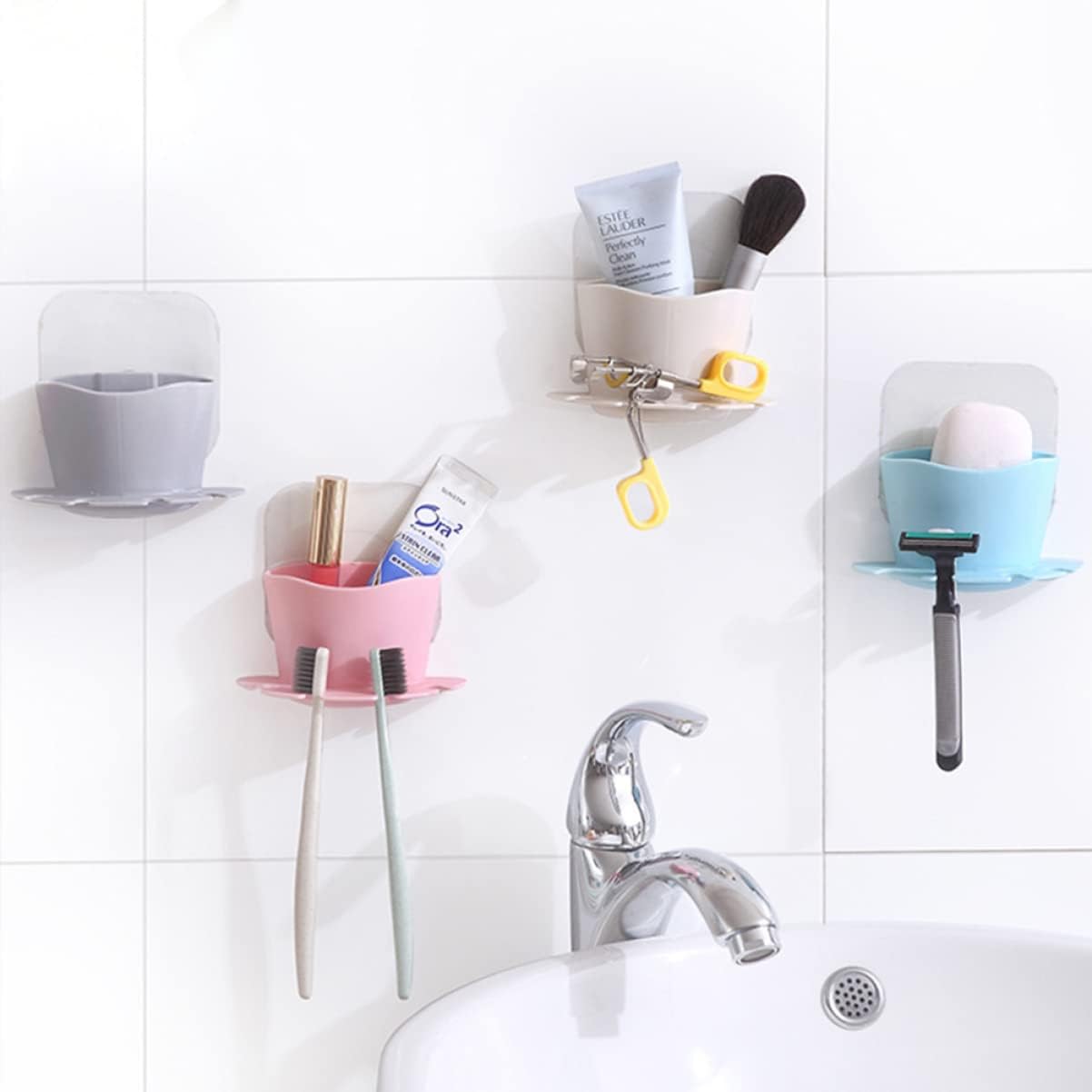 Bathroom Toothbrush Holder with Suction Cup and Storage Cup