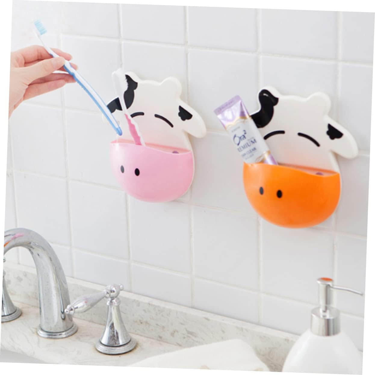 3-Piece Cartoon Cow Suction Cup Toothbrush Holder