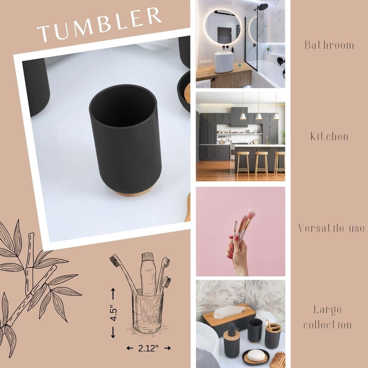 EVIDECO Bamboo Vanity Tumbler Black - Space-Saving Eco-Friendly Toothbrush Holder