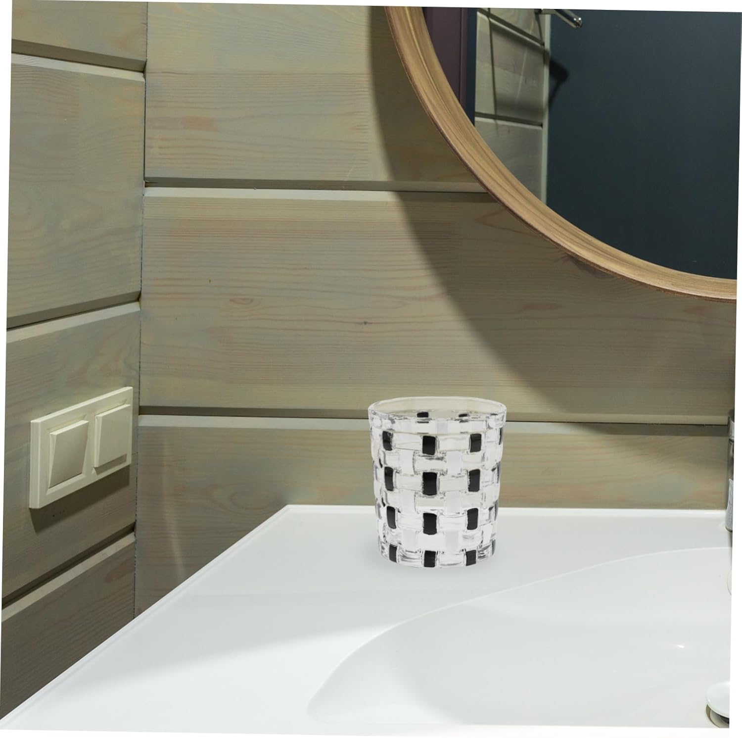 Stylish Black White Checkerboard Glass Toothbrush Holder Cup