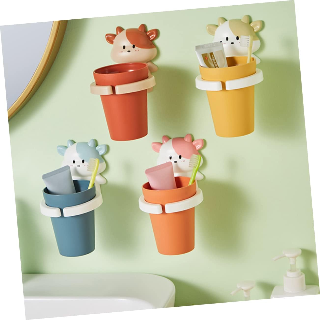 Cartoon Cow Toothbrush Holder for Kids Wall-Mounted