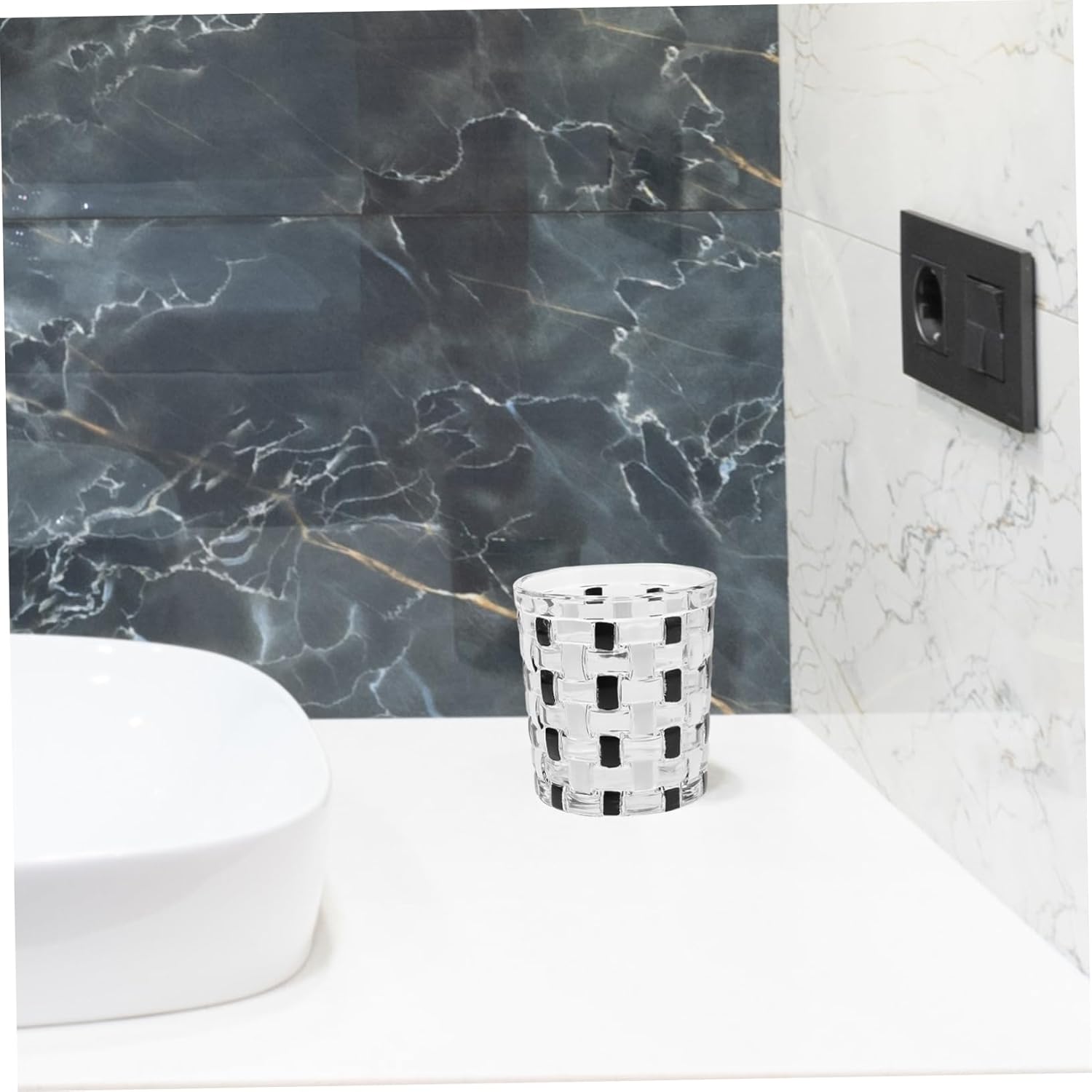 Stylish Black White Checkerboard Glass Toothbrush Holder Cup