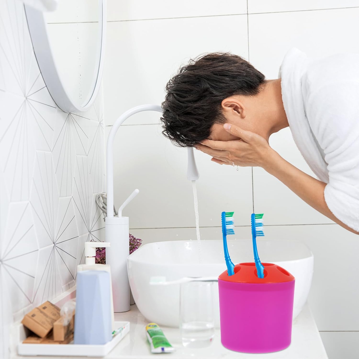 Toothbrush Holder with Toothpaste Storage and Countertop Organizer