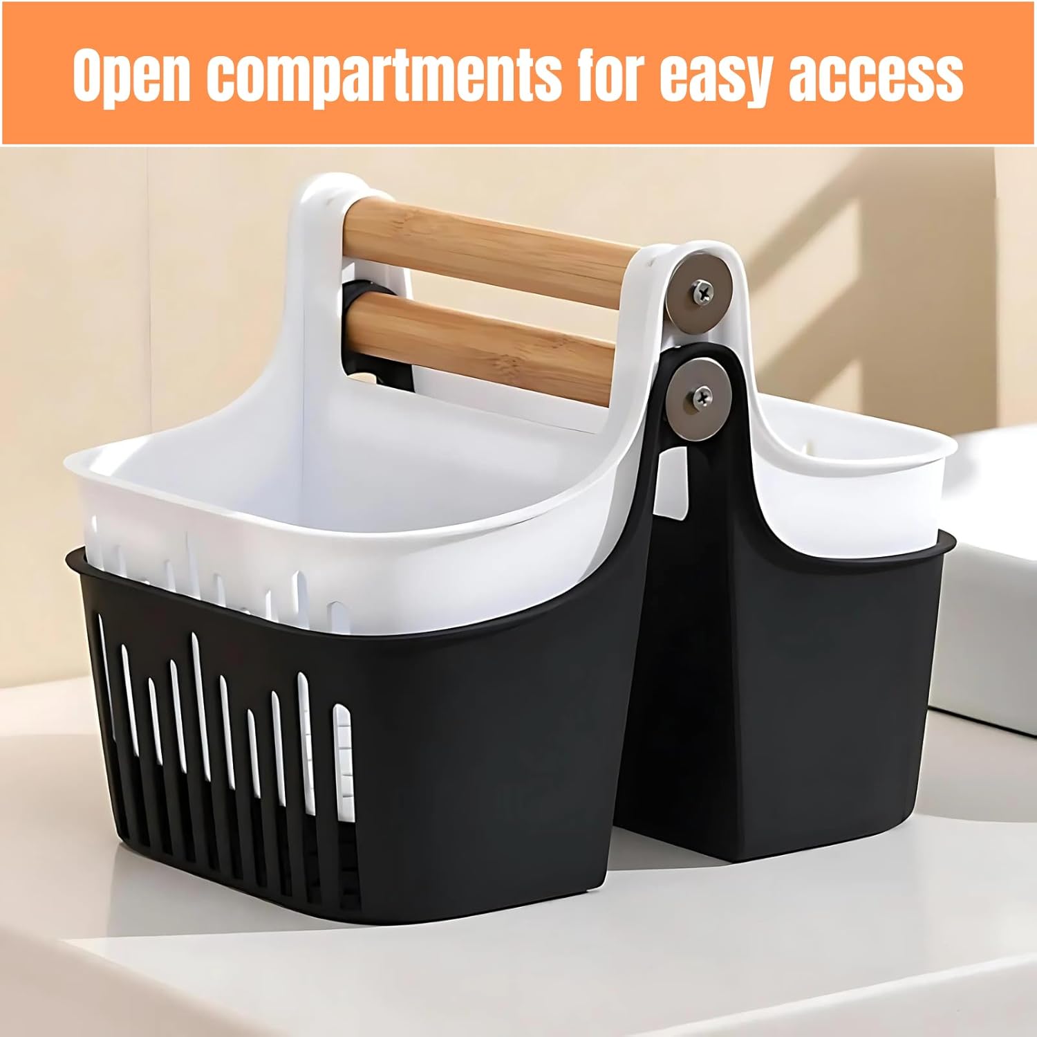 Portable Shower Caddy with Bamboo Handle White