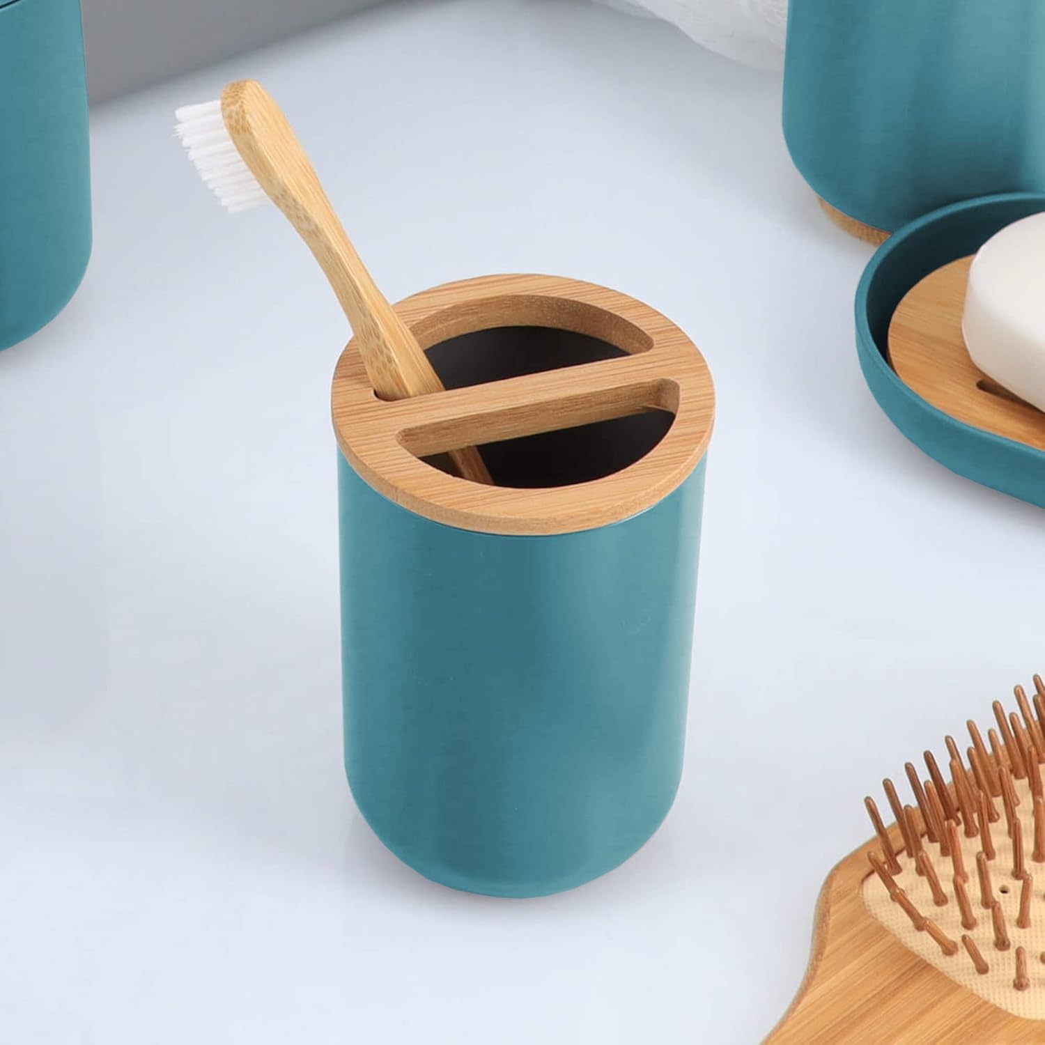 EVIDECO Blue Toothbrush Toothpaste Holder with Bamboo Top - Chic Bathroom Organizer