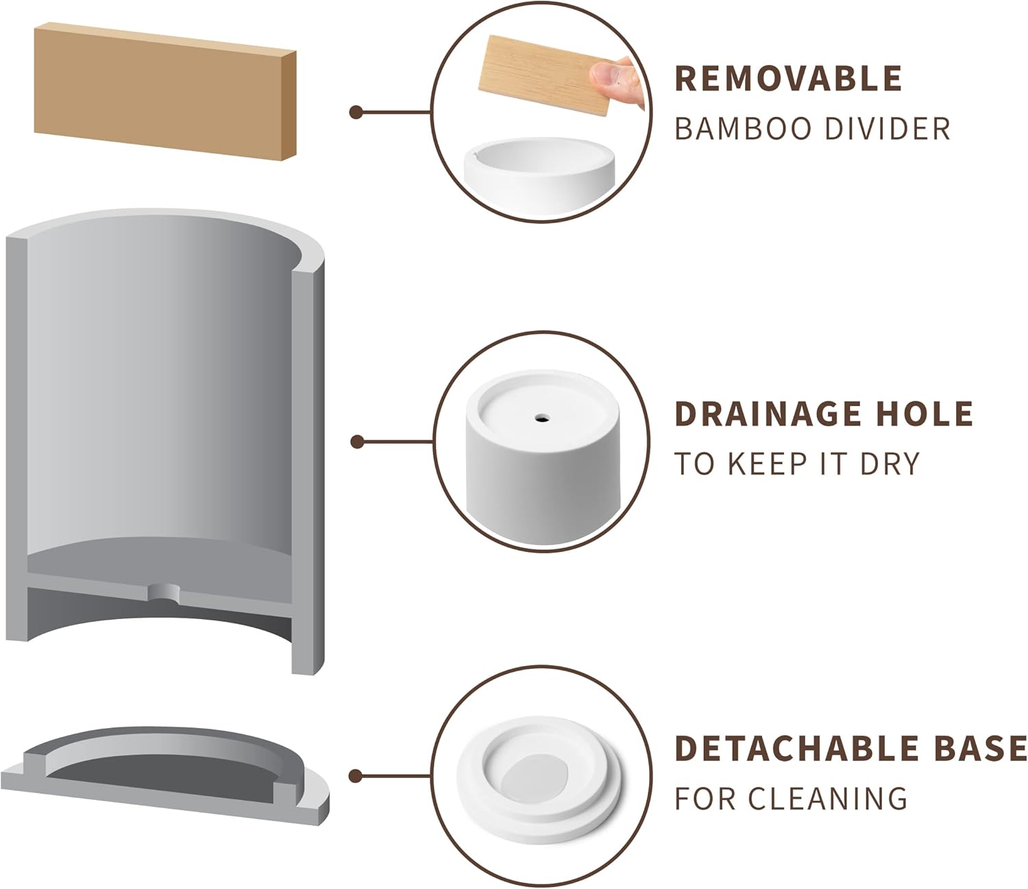 Premium White Plastic Toothbrush Holder with Concrete Base and Bamboo Divider