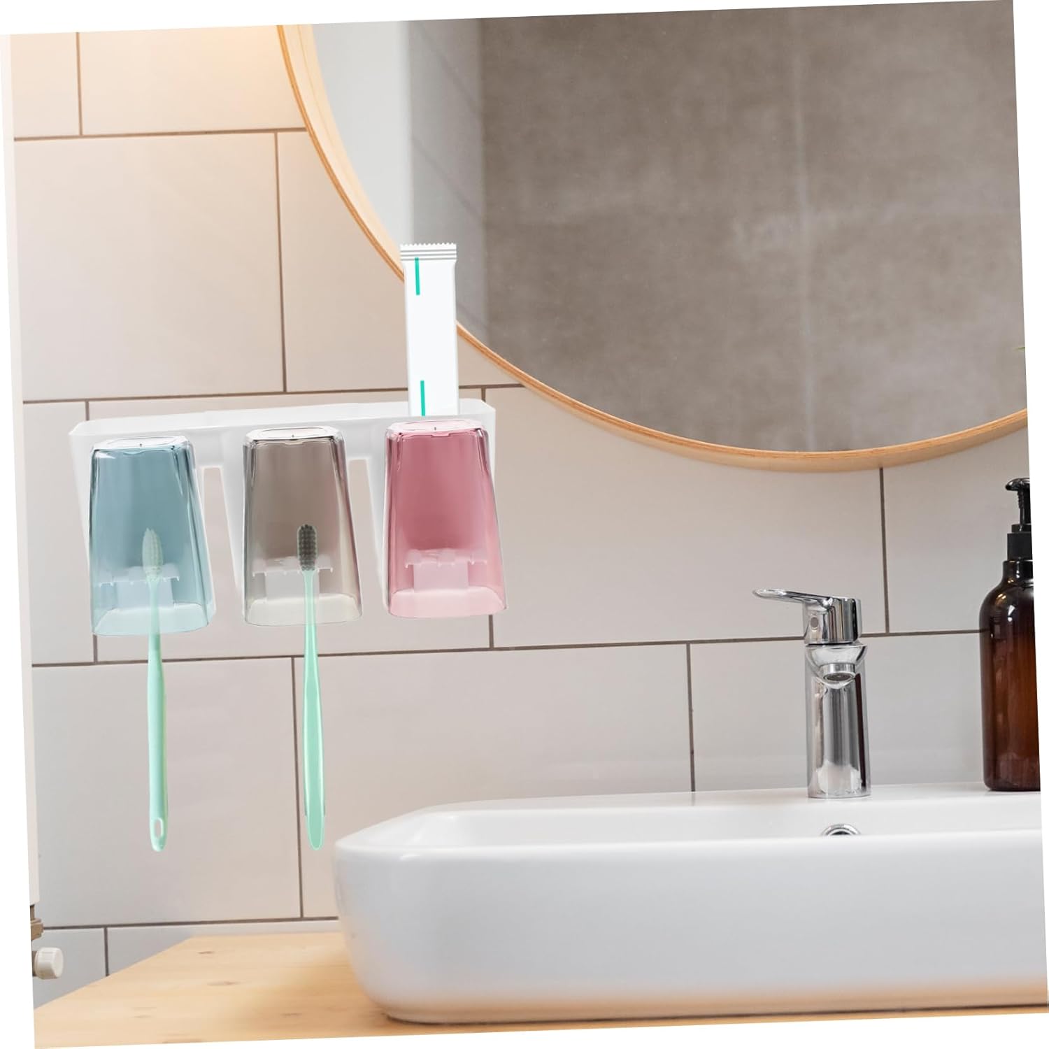 Bathroom Toothbrush Holder Set With 3 Cups And Toothpaste Rack