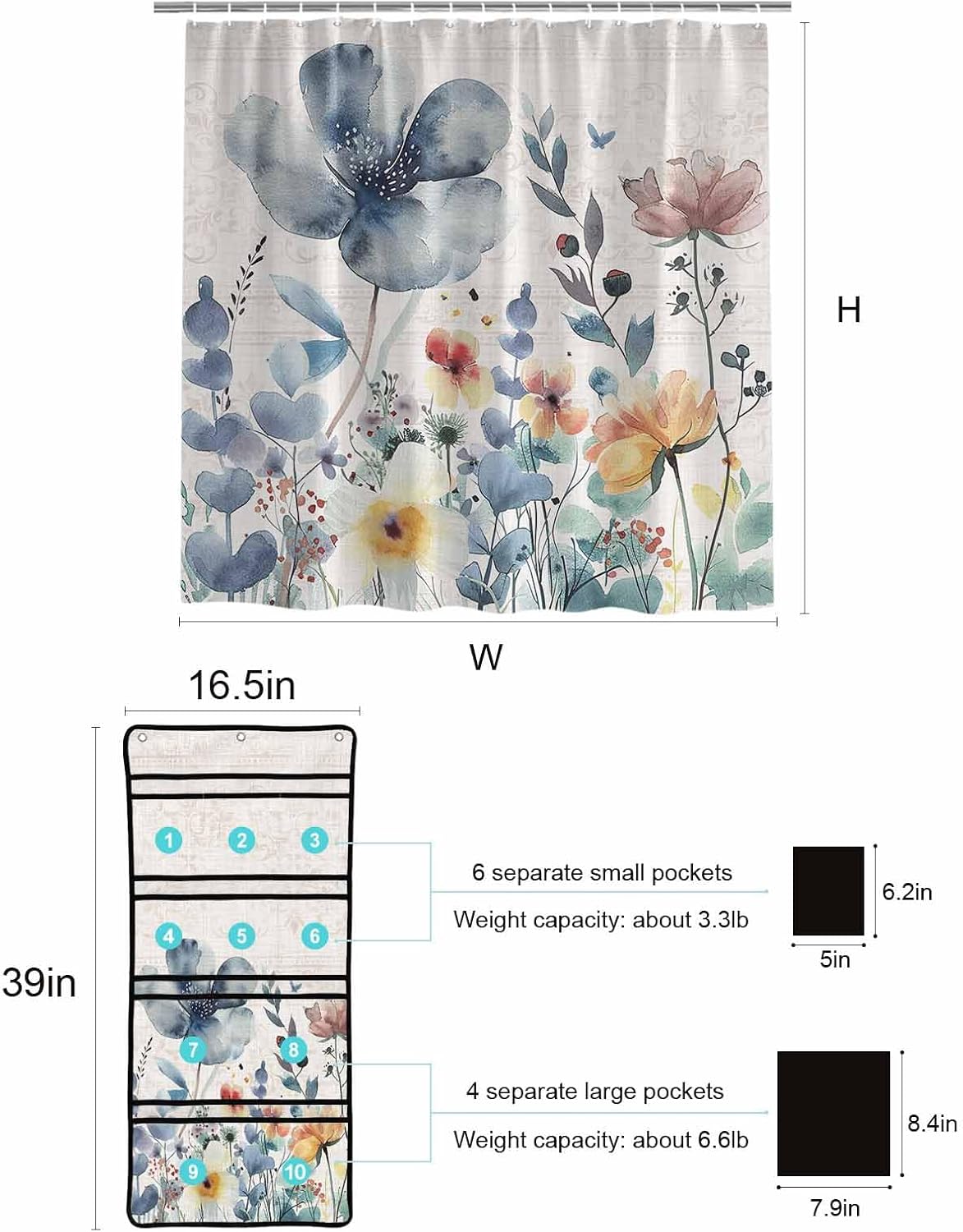 10-Pocket Hanging Shower Organizer with Watercolor Design
