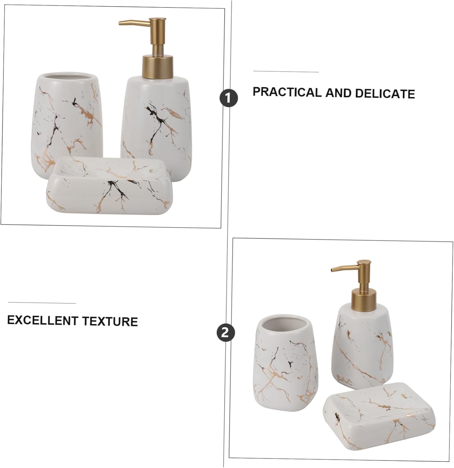GLEAVI 3Pcs Marble Bathroom Toothbrush Holder Soap Dish Lotion Bottle Set