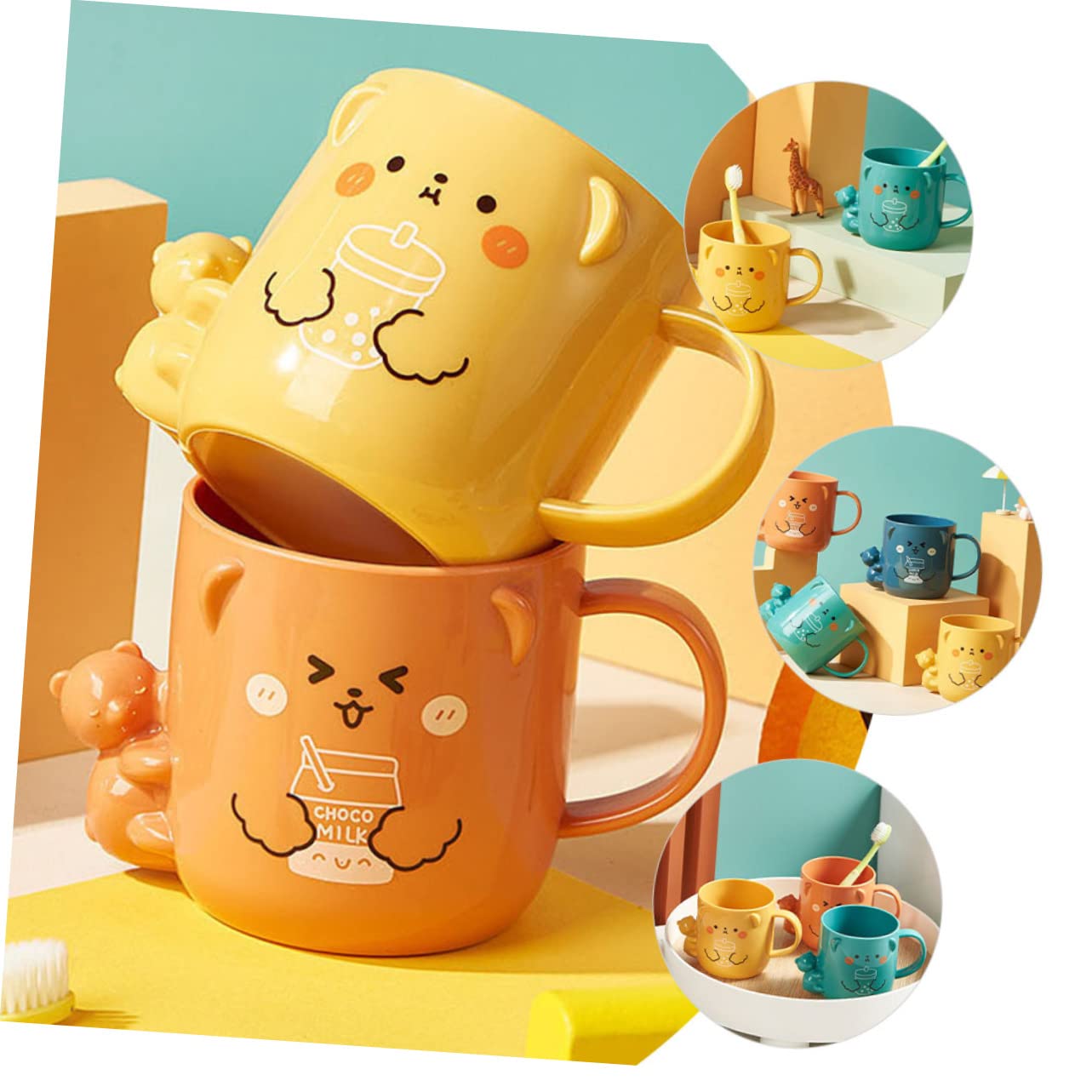 Homoyoyo 2Pcs Cartoon Plastic Mouthwash Cup for Bear Shaped Toothbrush Dispenser