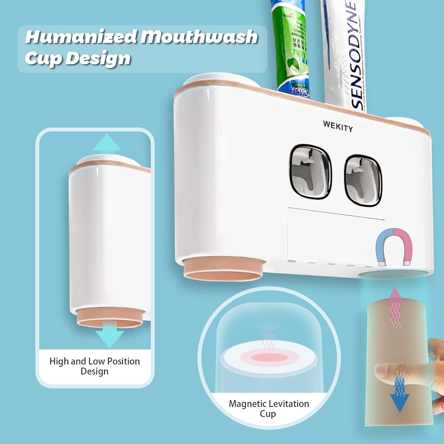 Wekity Multi-Functional Toothbrush Holder with 5 Slots and 4 Cups