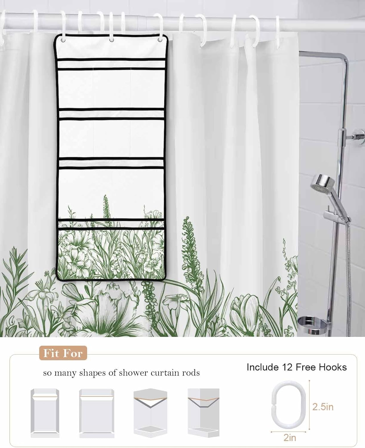 ZFUNCING Shower Curtain Set with Mesh Organizer and Hooks