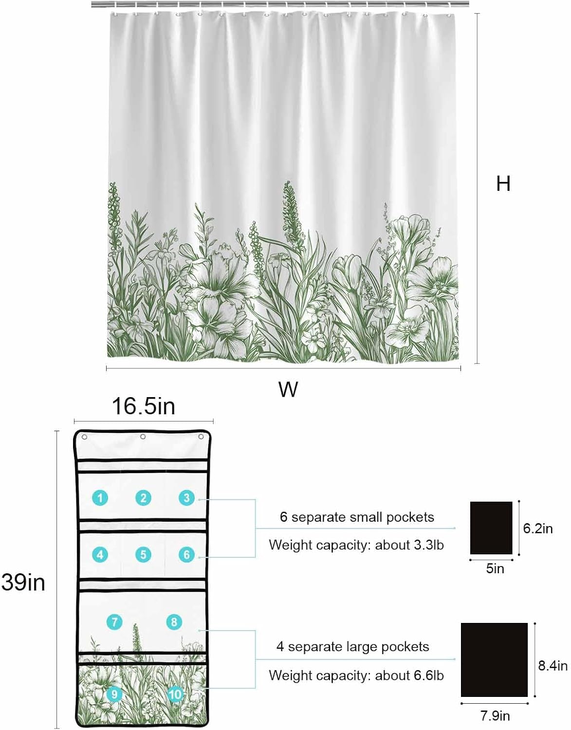 ZFUNCING Shower Curtain Set with Mesh Organizer and Hooks