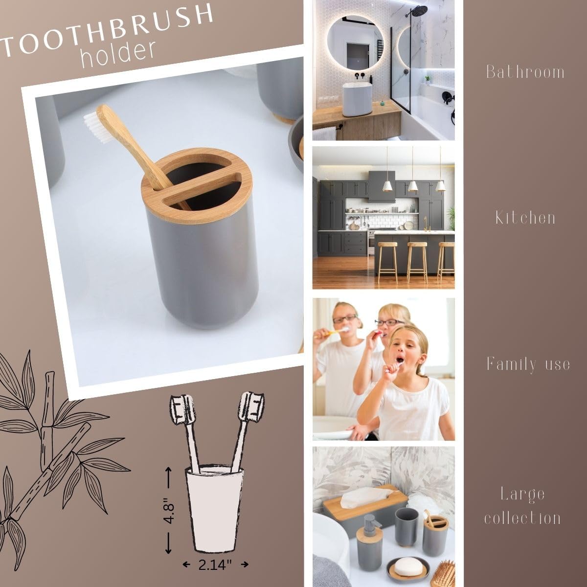 Gray Toothbrush Toothpaste Organizer with Bamboo Top - Chic Bathroom Organizer
