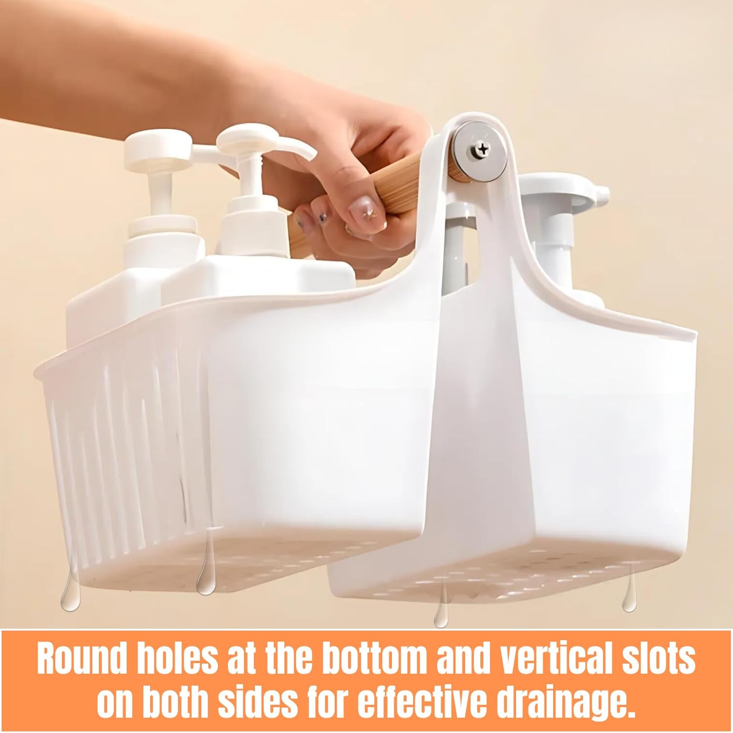 Portable Shower Caddy with Bamboo Handle White