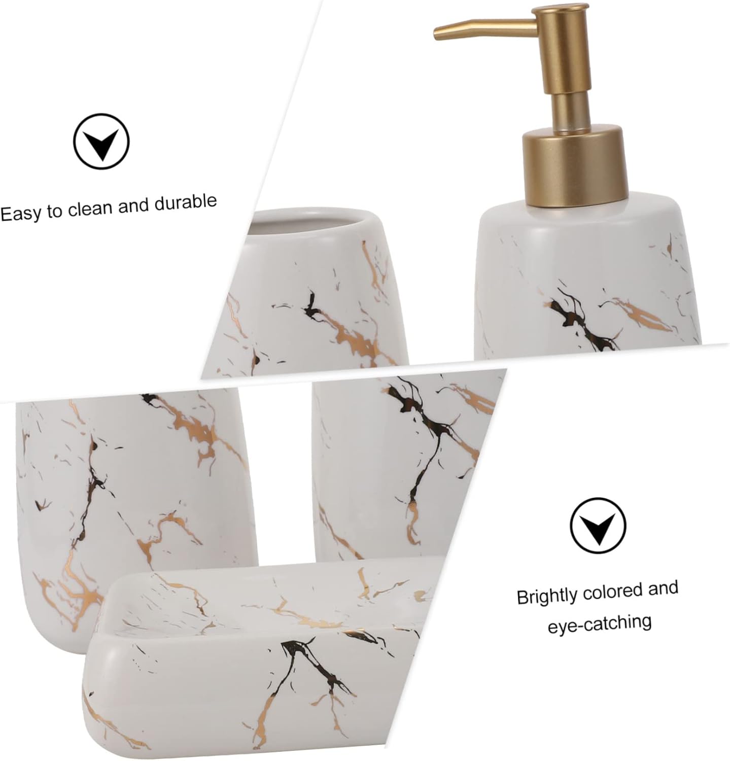 GLEAVI 3Pcs Marble Bathroom Toothbrush Holder Soap Dish Lotion Bottle Set