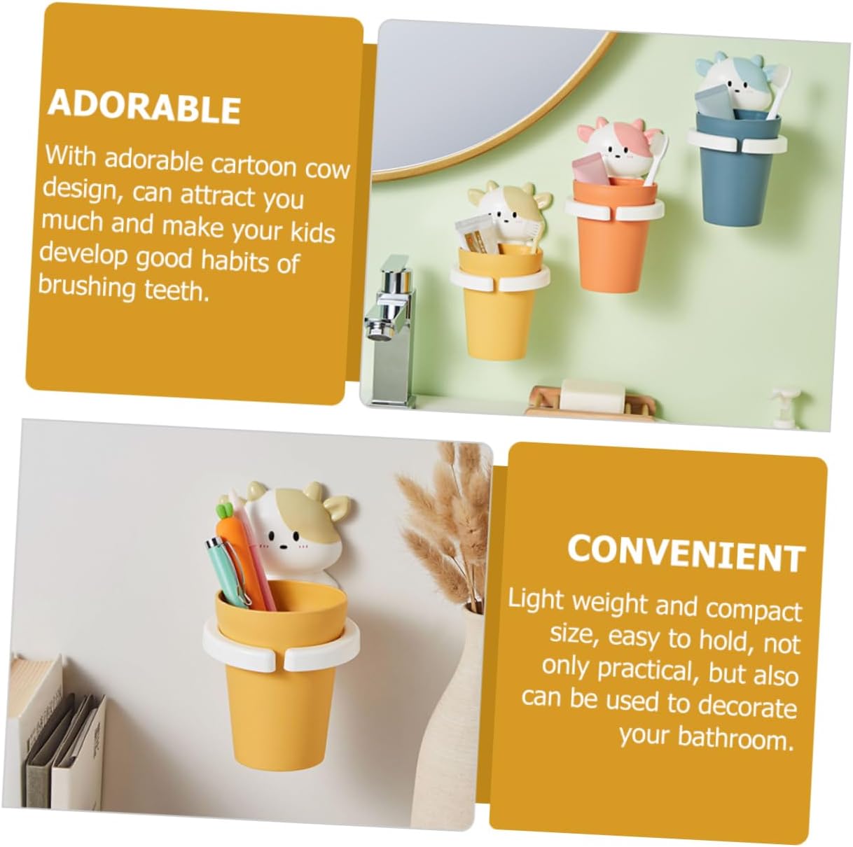 LIFKOME Cartoon Cow Toothbrush Cup - Easy Install Safe Compact for Boys Girls