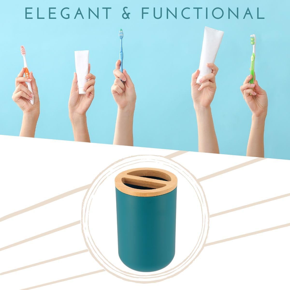 EVIDECO Blue Toothbrush Toothpaste Holder with Bamboo Top - Chic Bathroom Organizer