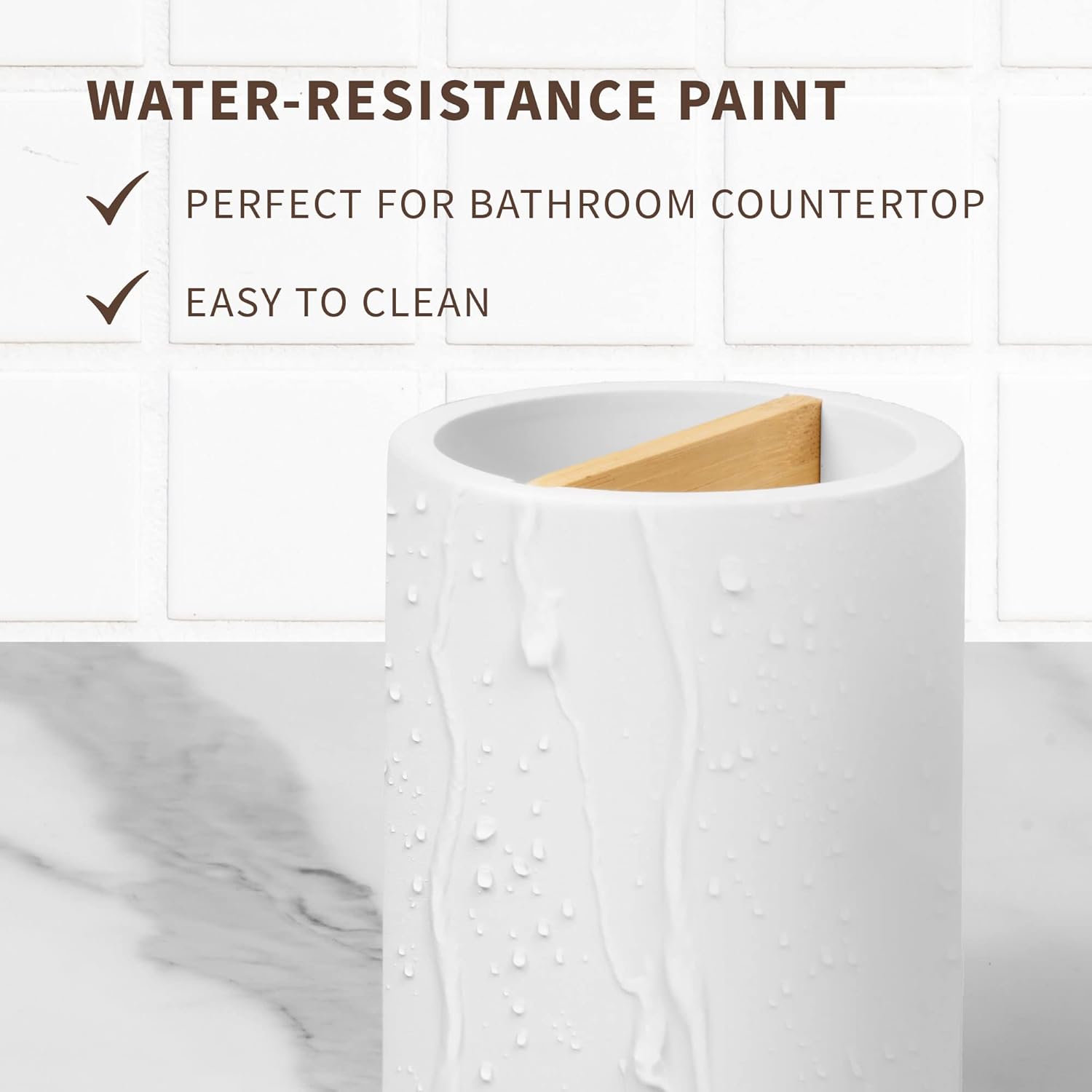 Premium White Plastic Toothbrush Holder with Concrete Base and Bamboo Divider
