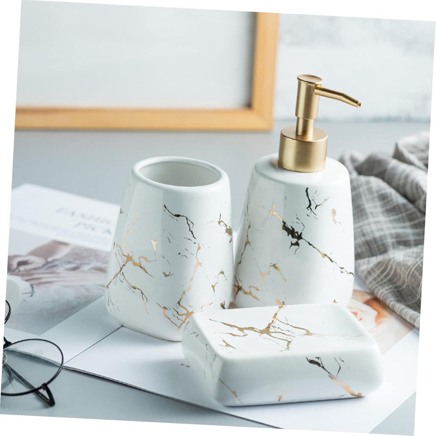 GLEAVI 3Pcs Marble Bathroom Toothbrush Holder Soap Dish Lotion Bottle Set