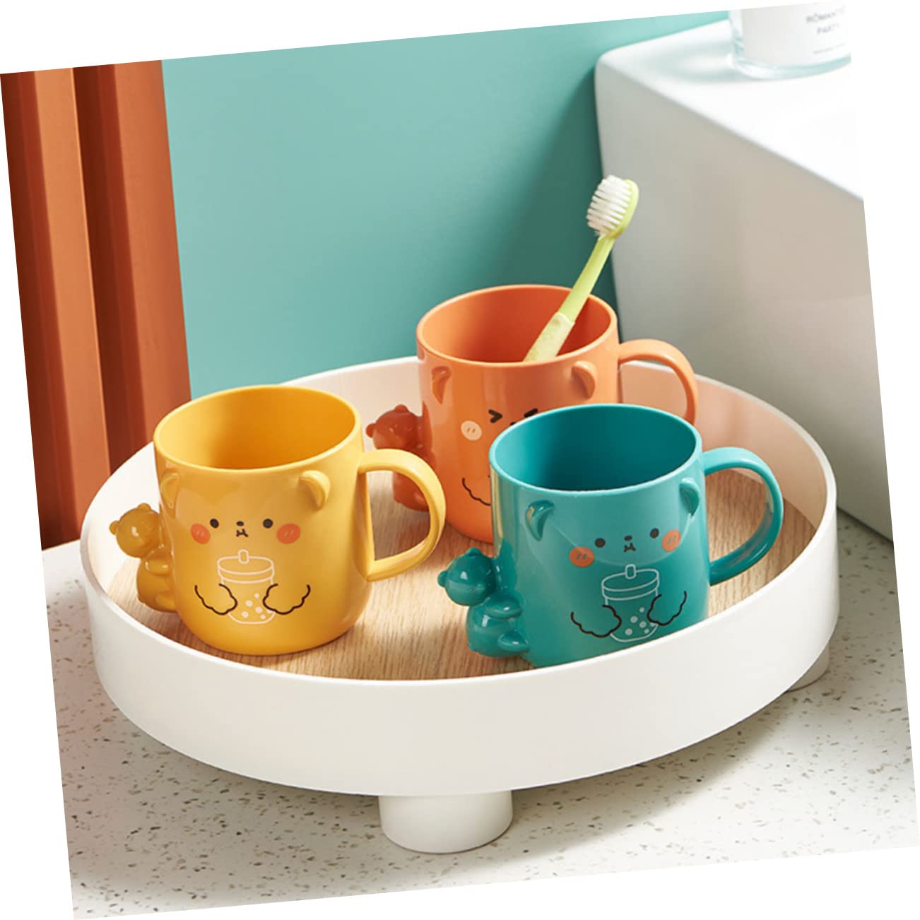 Homoyoyo 2Pcs Cartoon Plastic Mouthwash Cup for Bear Shaped Toothbrush Dispenser