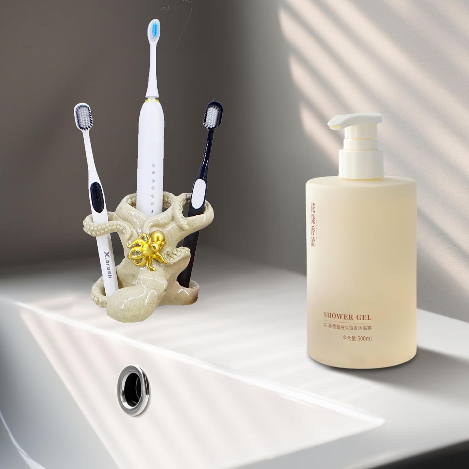5-inch Gold Octopus Toothbrush Holder - Suction-Cup Bathroom Organizer