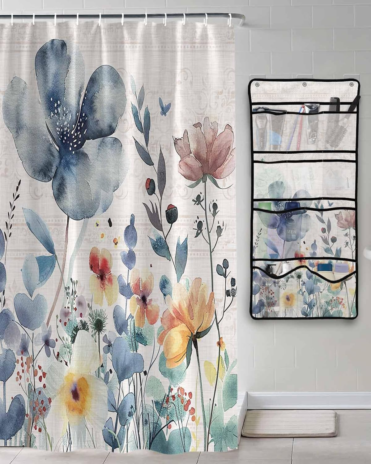 10-Pocket Hanging Shower Organizer with Watercolor Design