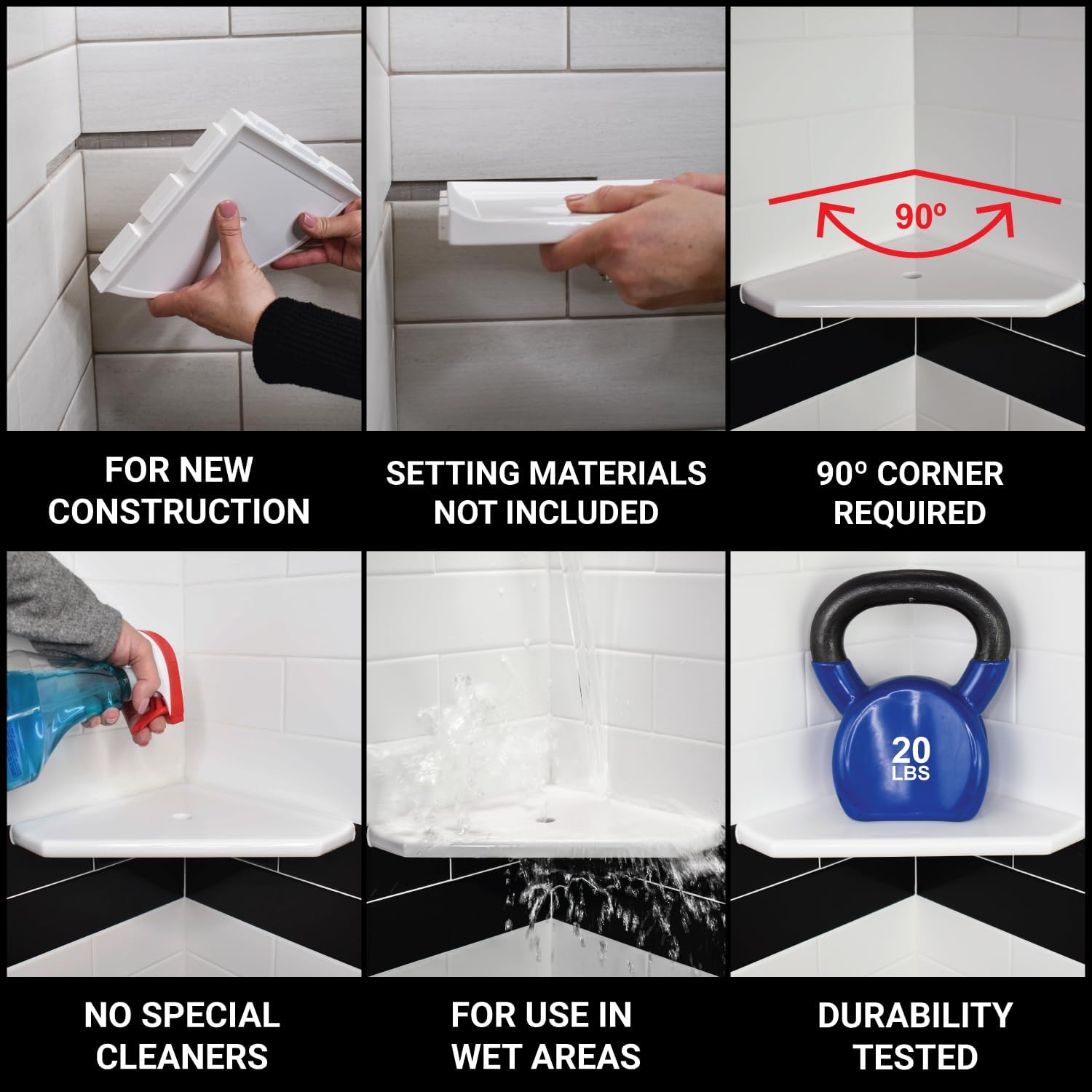 Questech 10 Incher Corner Shower Shelf Lugged