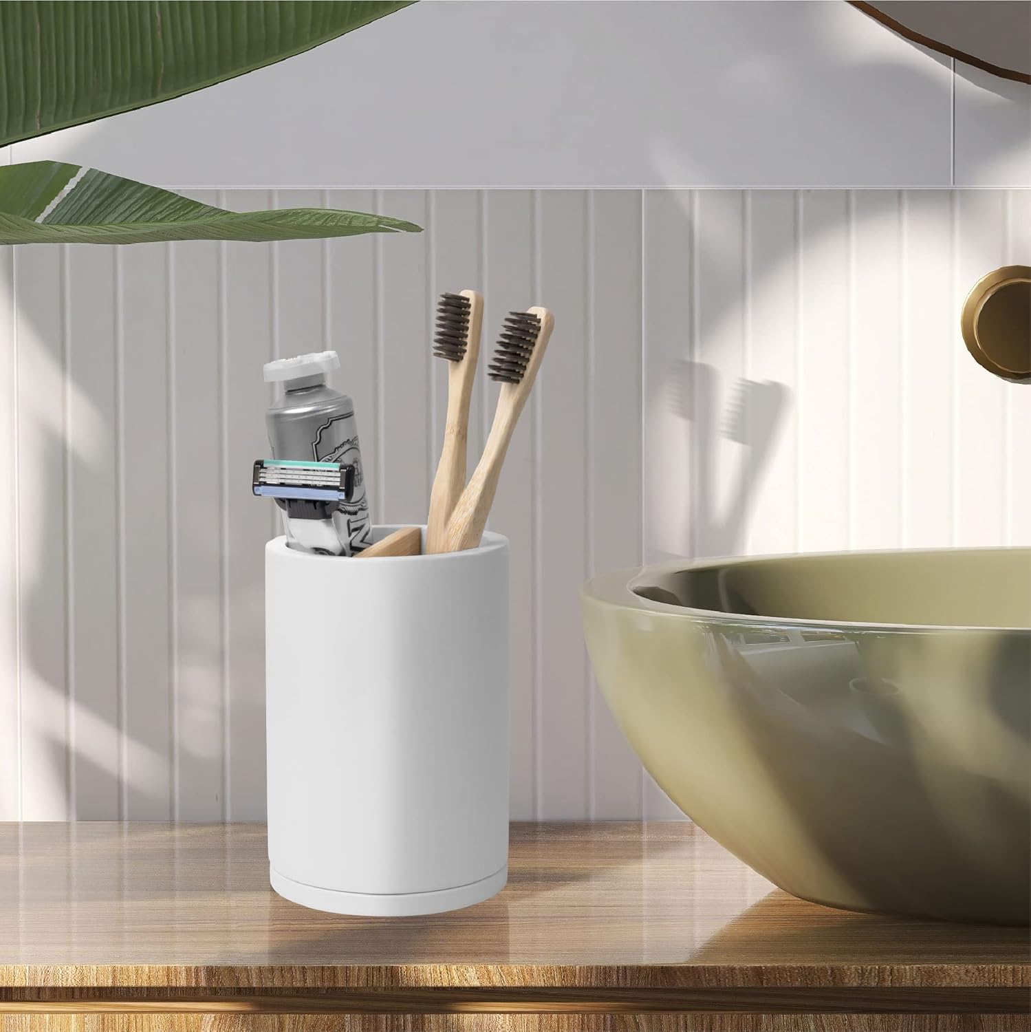 Premium White Plastic Toothbrush Holder with Concrete Base and Bamboo Divider