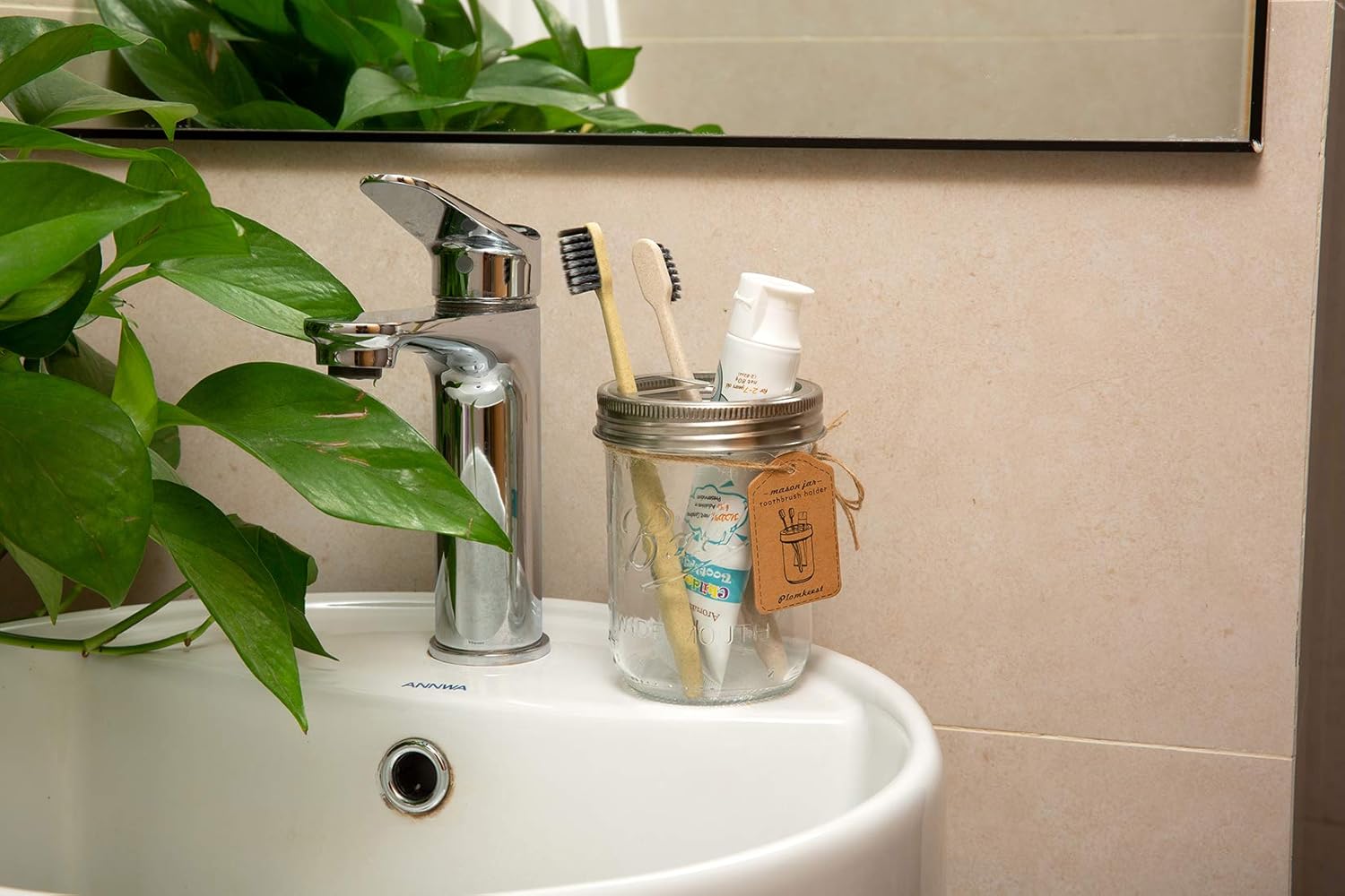 Plomkeest 16 Oz Mason Jar Toothbrush Holder