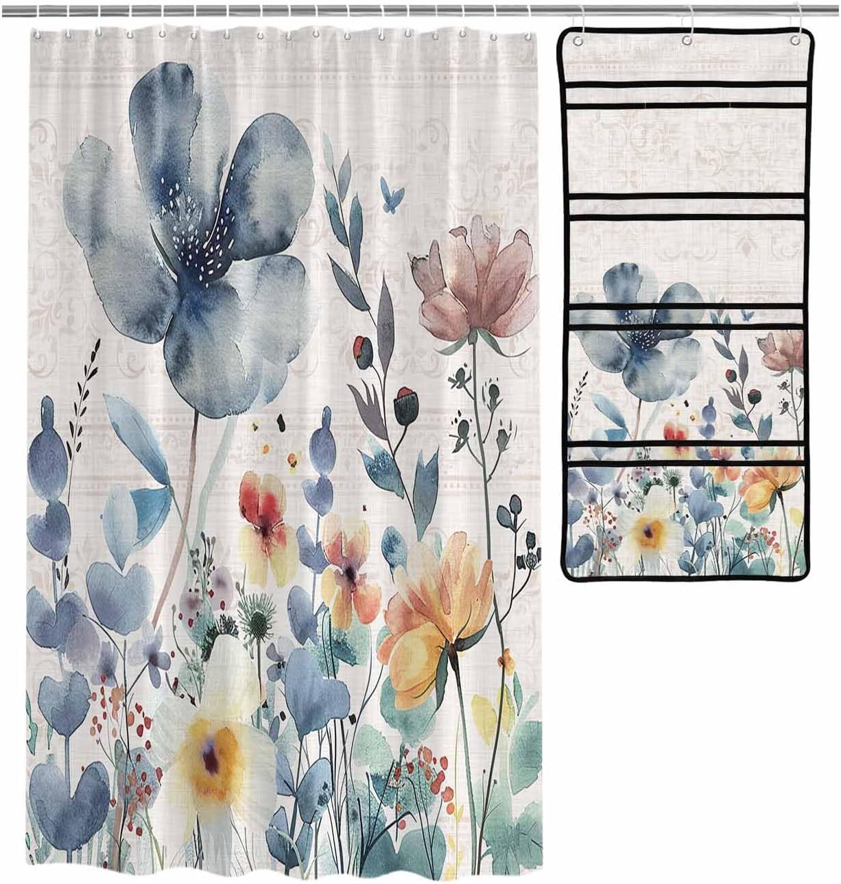 10-Pocket Hanging Shower Organizer with Watercolor Design
